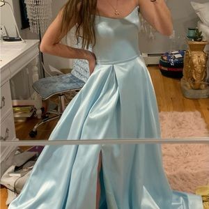 COLORS. Boutique heavy satin light blue prom dress full length strapless -0 new!